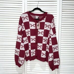 Sincerely Jules Red Bow Checkered Cardigan Size XL
